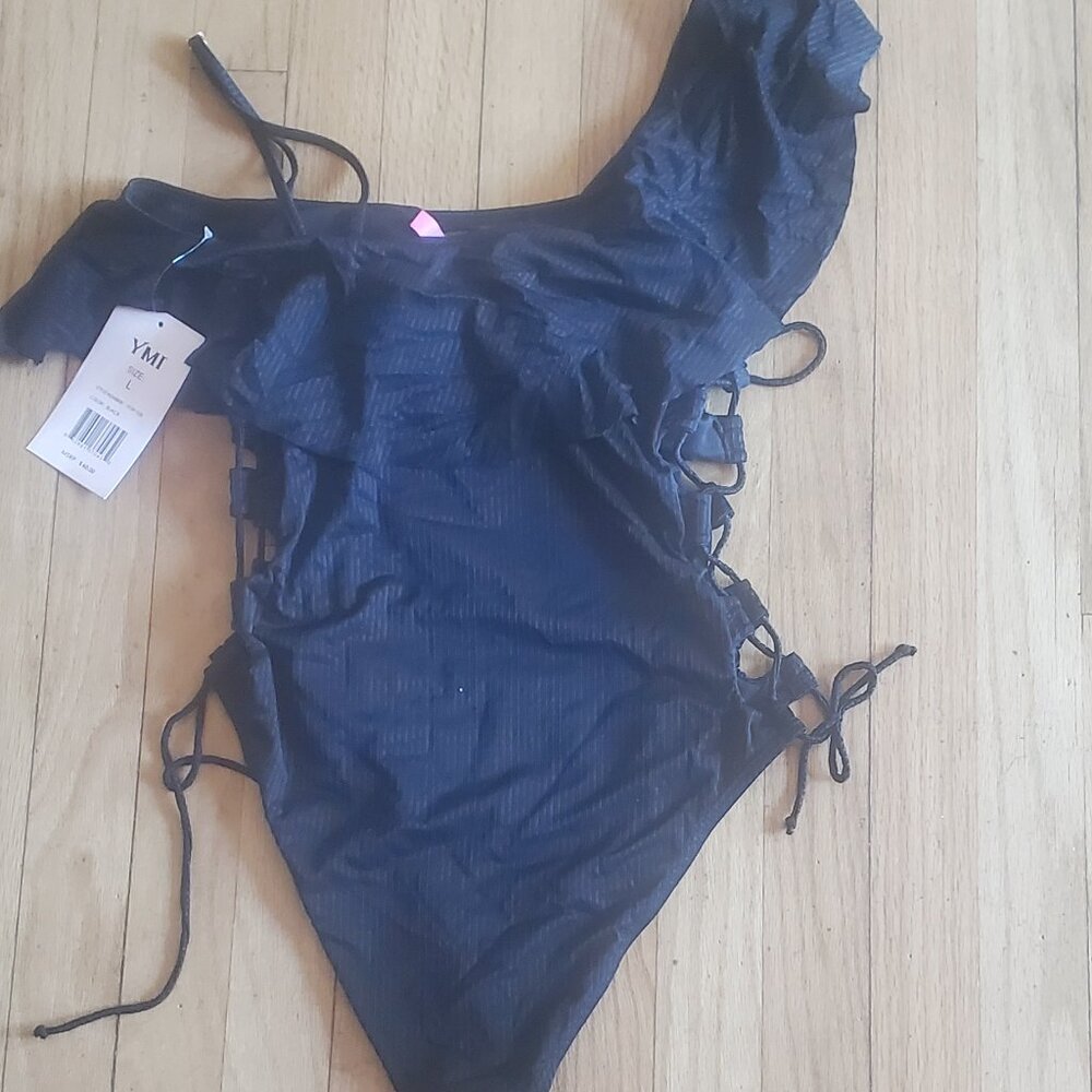 YMI Women's Black Lace Up Off the Shoulders One Piece swimsuit Size Large